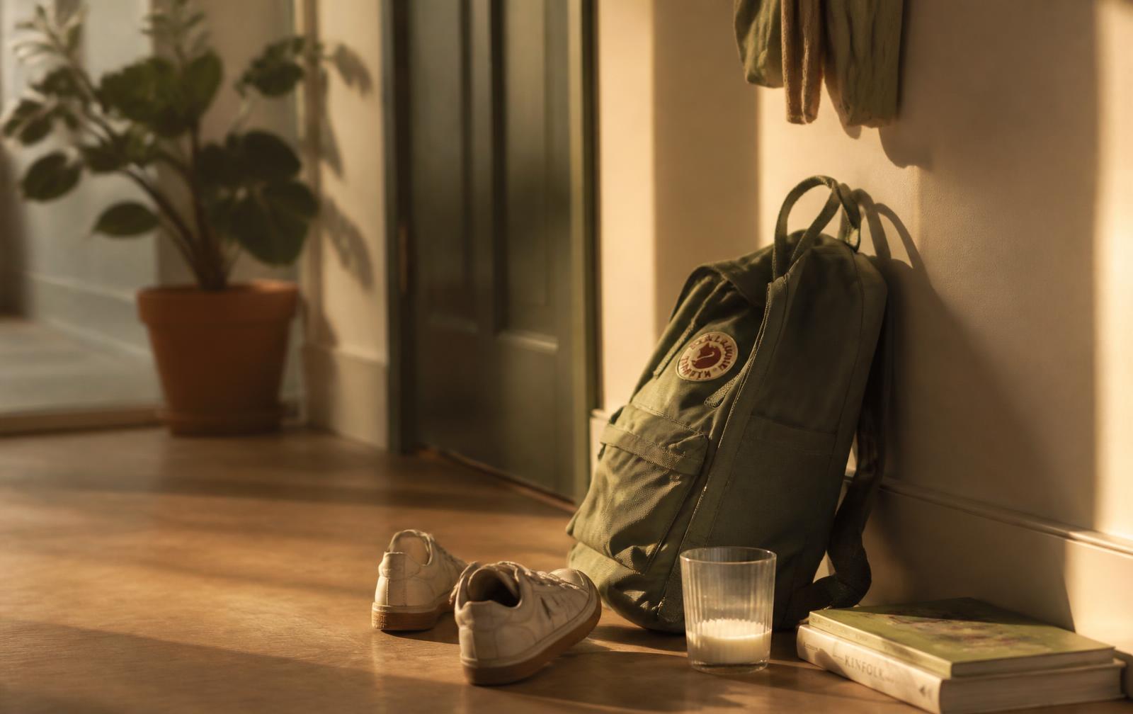 A child's sage green backpack slumped against a hallway wall beside kicked-off shoes and a half-drunk glass of milk in warm afternoon light