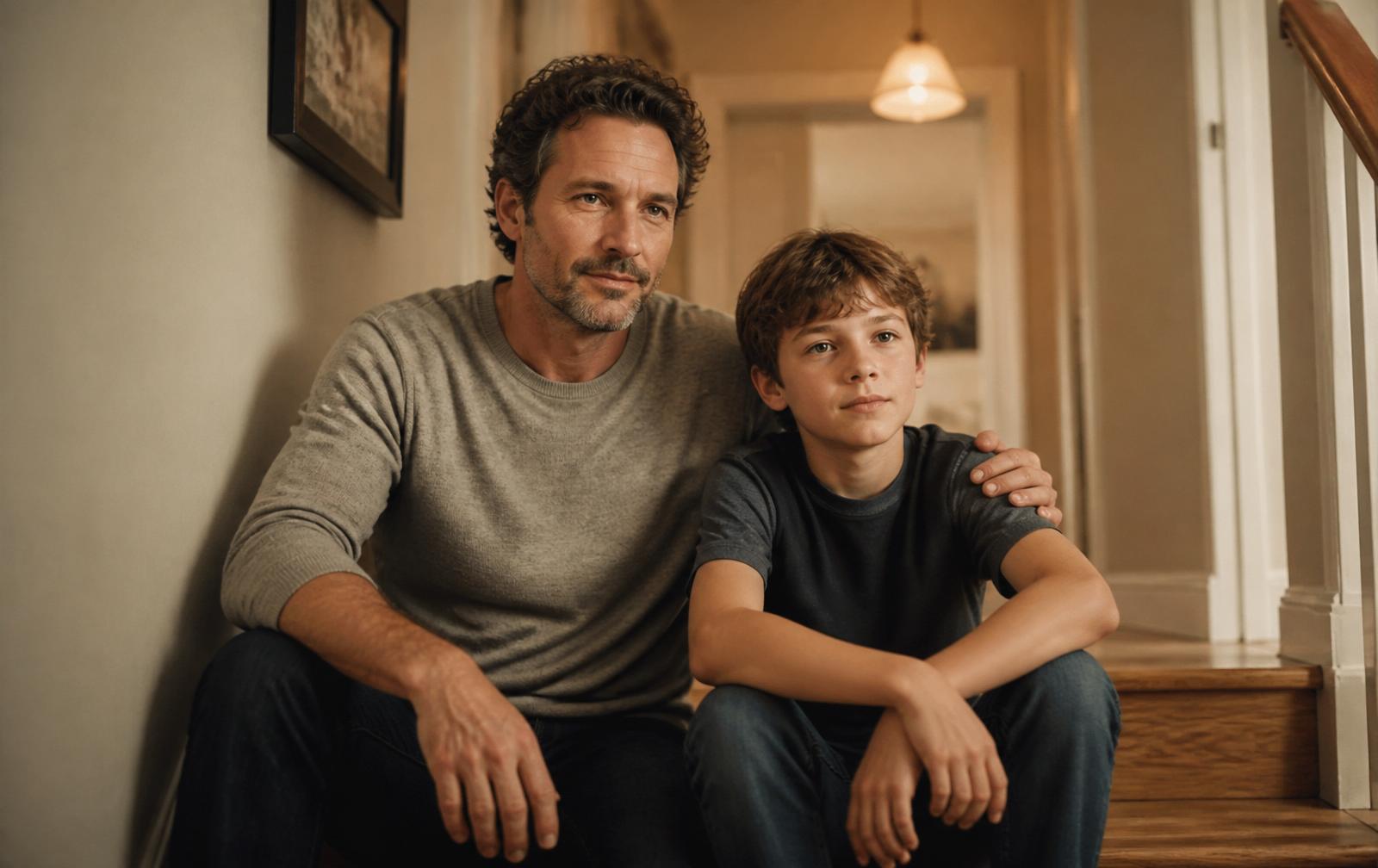 A parent sitting beside their child on the stairs, hand resting gently on their back