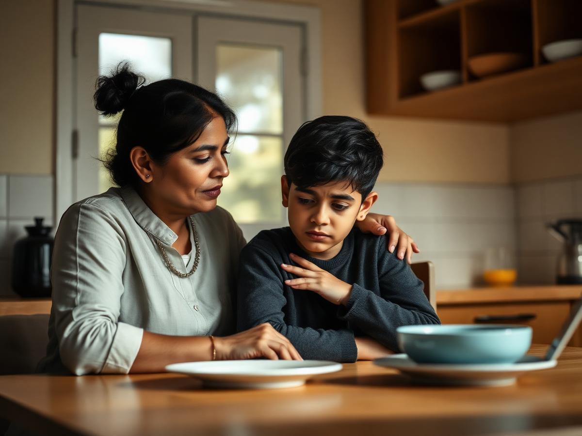 A parent kneeling at eye level with a worried school-age child in a calm, sunlit living room