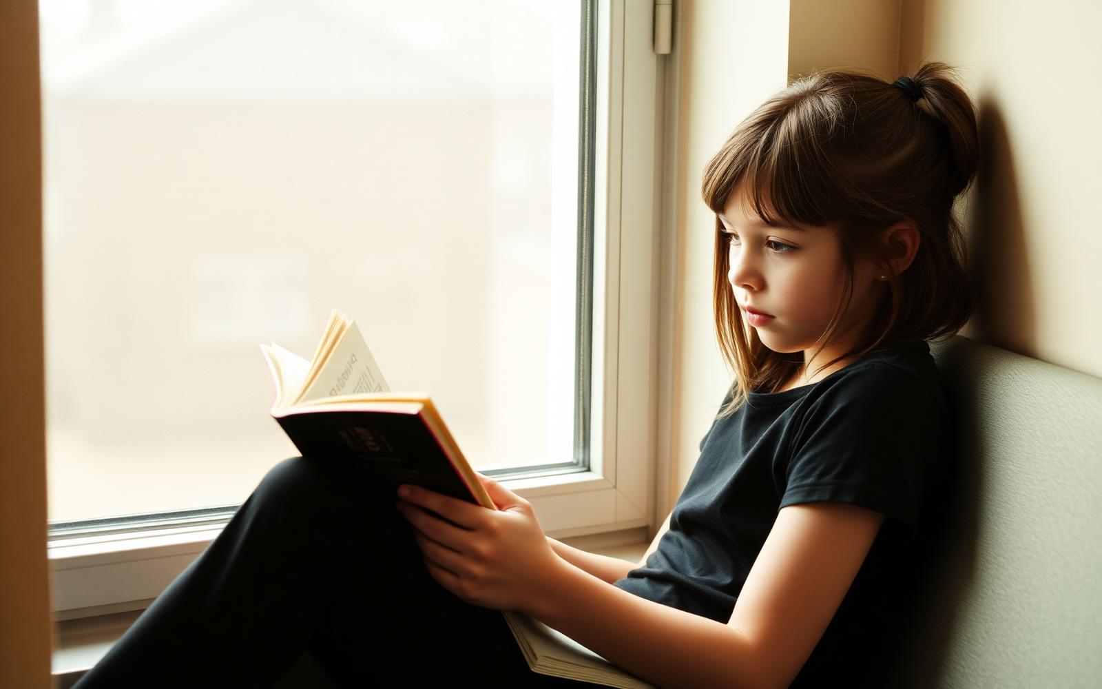 A girl of about twelve sitting quietly by a window reading in warm natural light