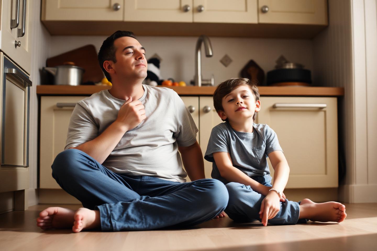 A parent and child sitting together on wooden floorboards in soft window light