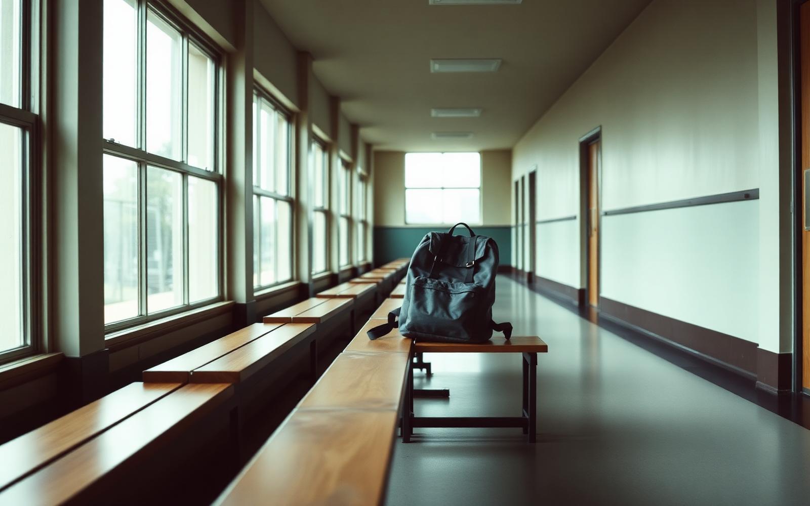 An empty school corridor bench with a single canvas backpack resting on it in soft morning light