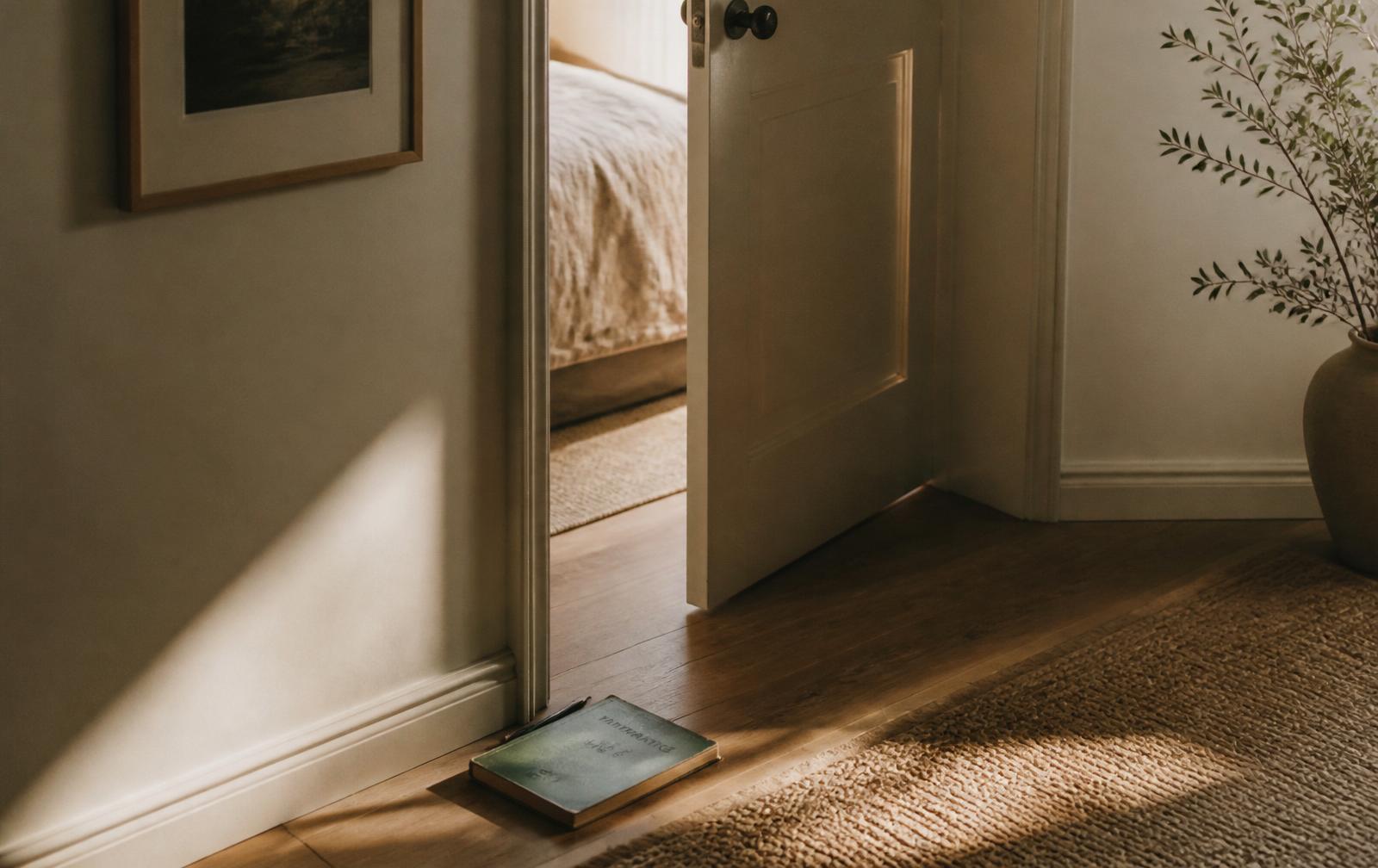 A bedroom door left ajar with warm light spilling into a calm hallway, an untouched schoolbook on the floor beside it