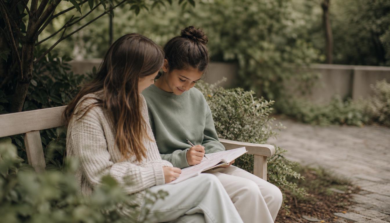 Two older children sitting side by side on a garden bench, sharing a notebook in soft natural light