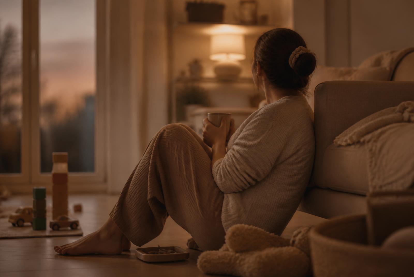 A parent sitting on the floor beside a sofa at dusk holding a warm mug