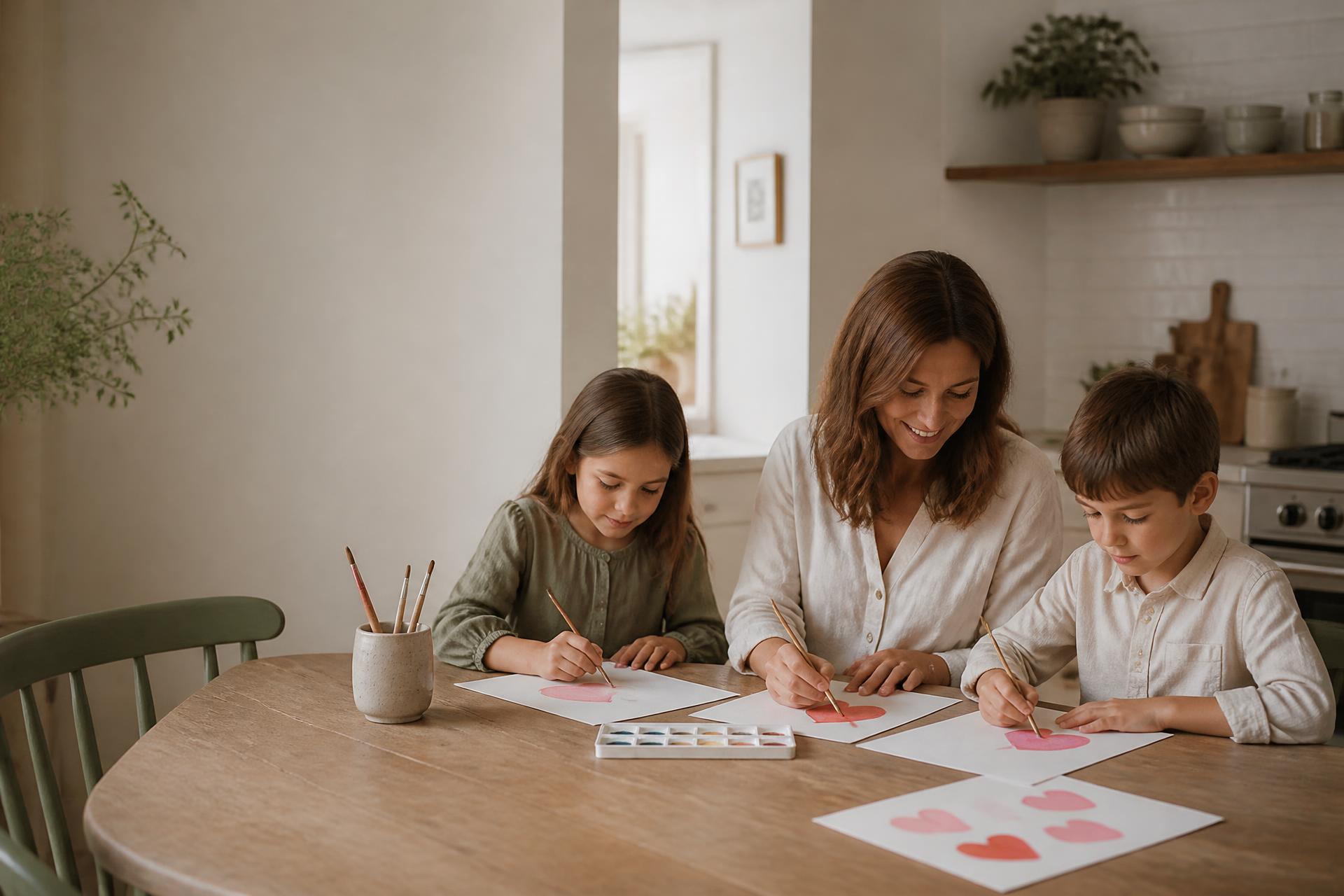 A mother and her two children painting watercolour hearts together at a sunlit kitchen table