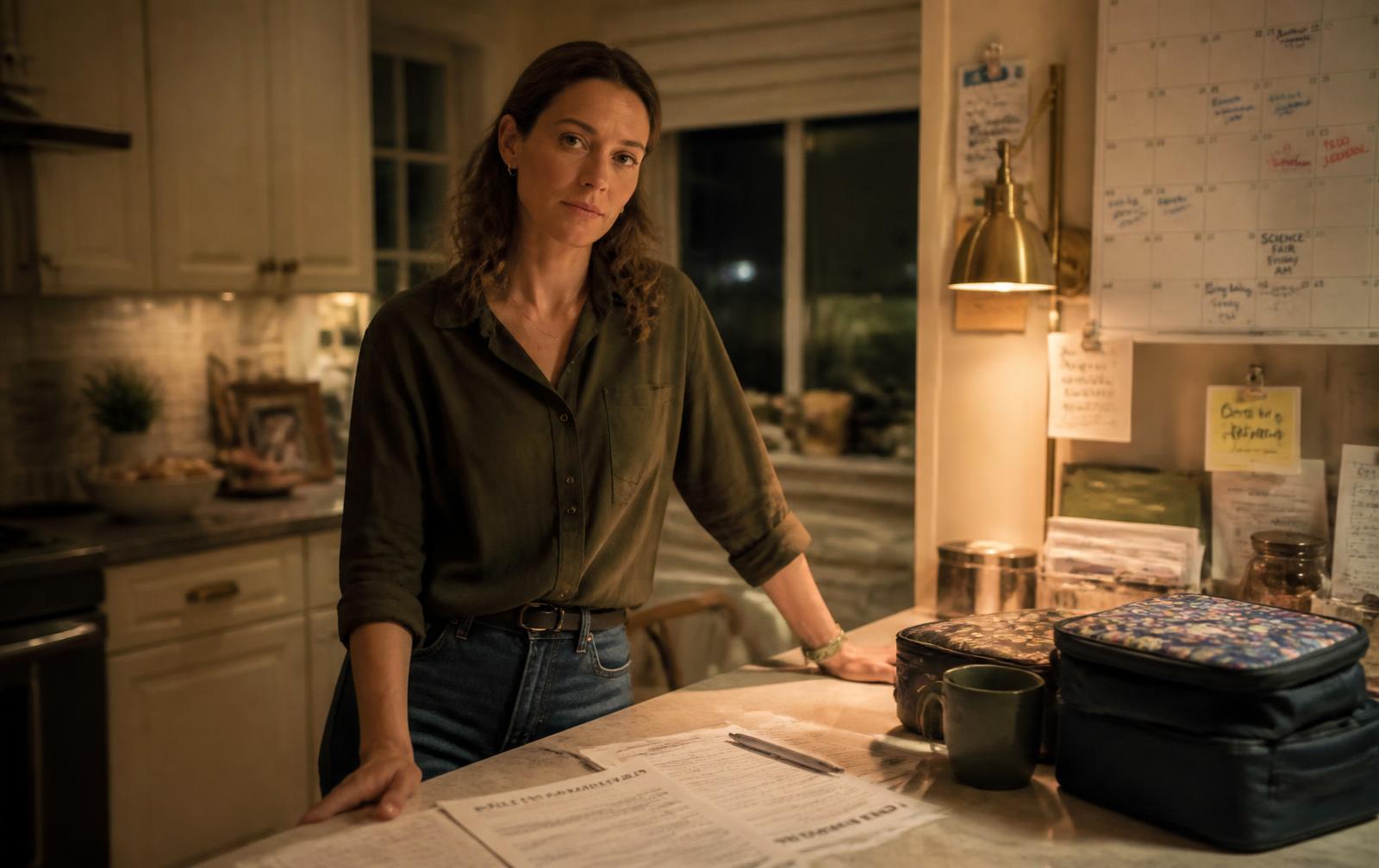 A mother standing alone in a lamp-lit kitchen at night surrounded by lists and lunchboxes