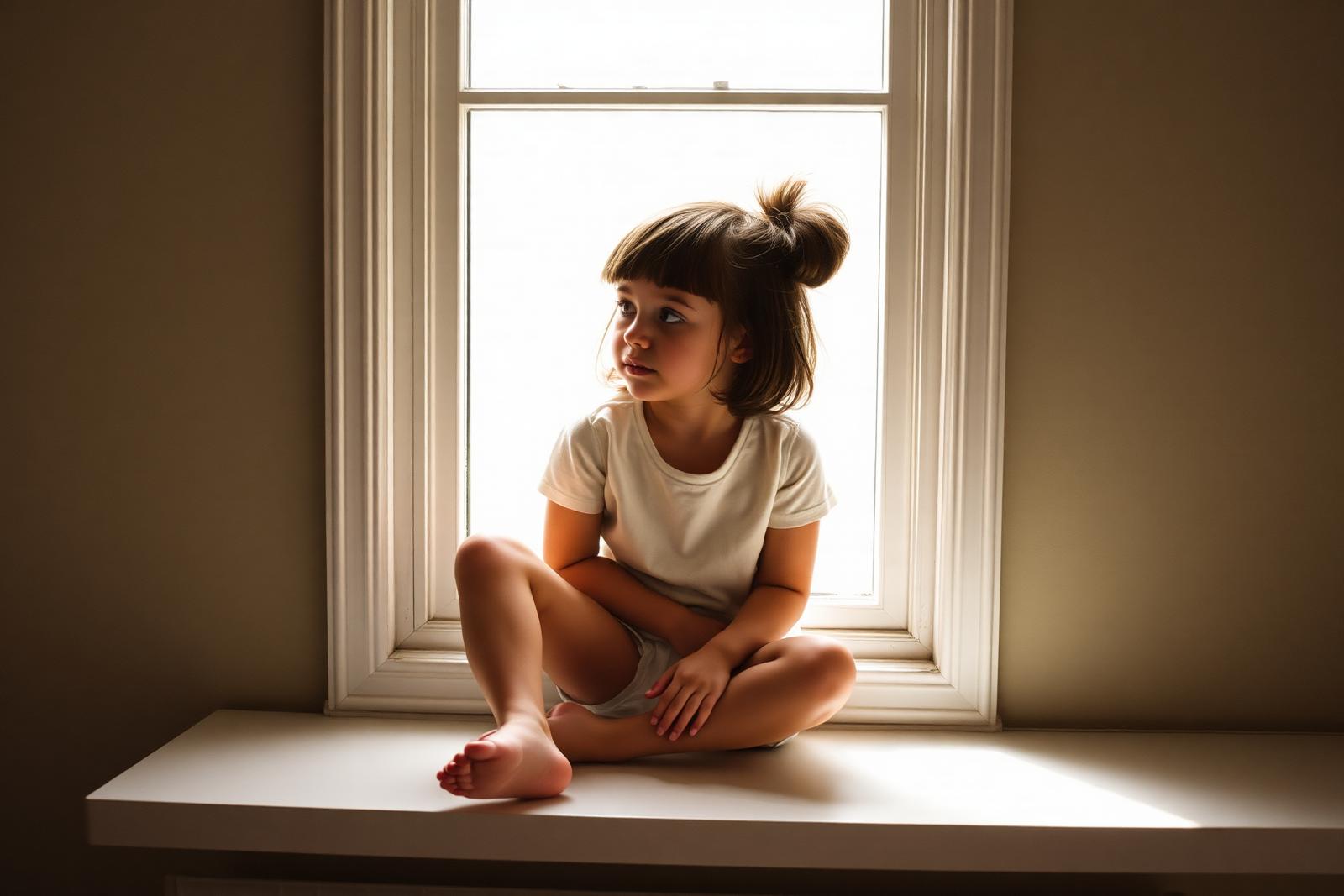 A thoughtful child sitting on a windowsill in soft daylight