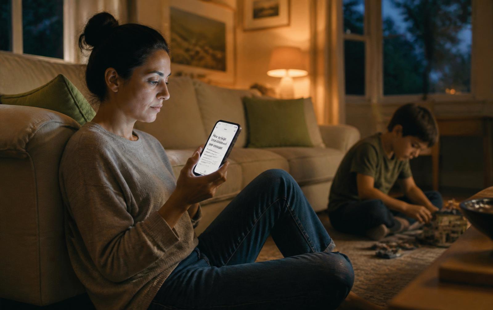 A parent scrolling parenting advice on a phone while their child plays nearby at dusk
