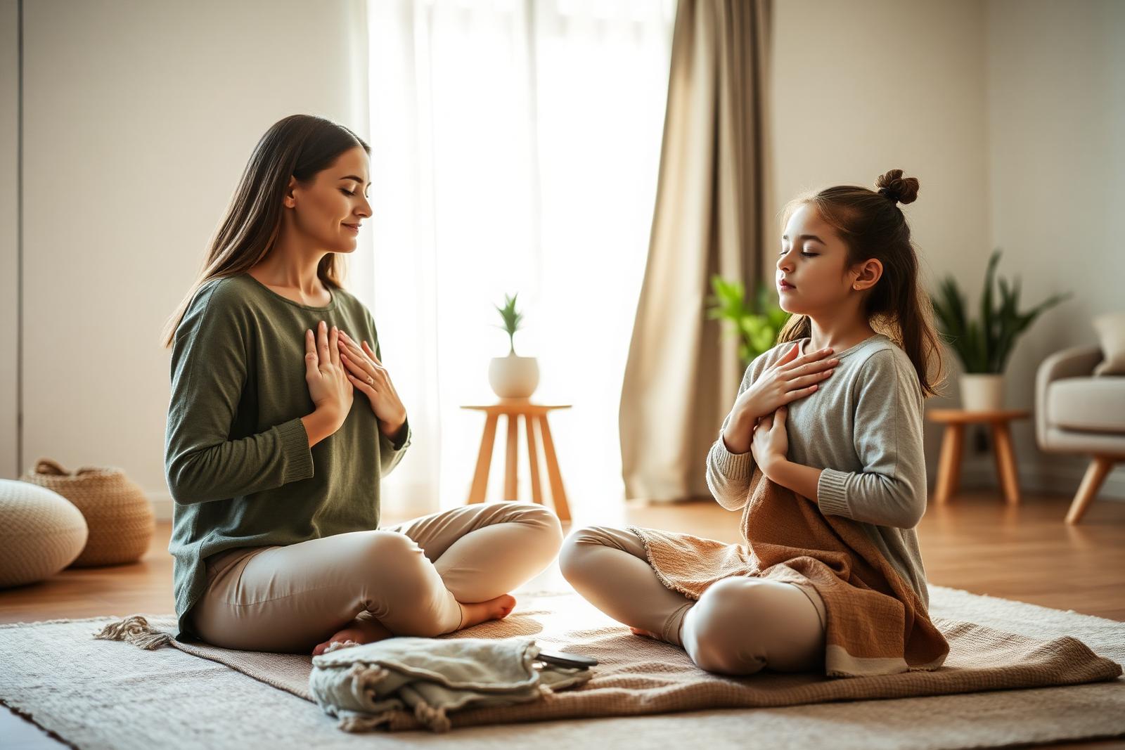 A parent and school-age child sitting on the floor together with a jar of coloured stones
