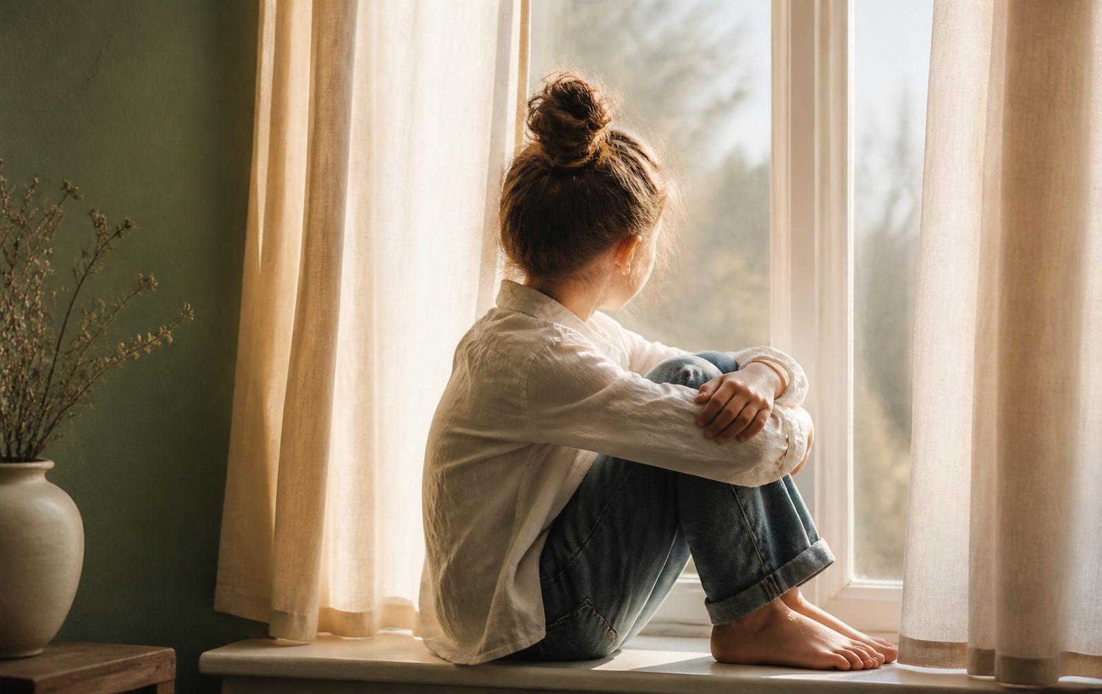A pre-teen sitting on a sunlit windowsill with knees drawn up, cream linen curtains and a sage green wall behind