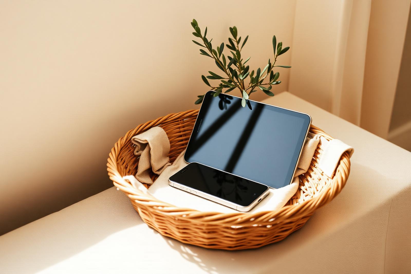 A tablet and phone resting face-down in a woven basket beside an olive plant
