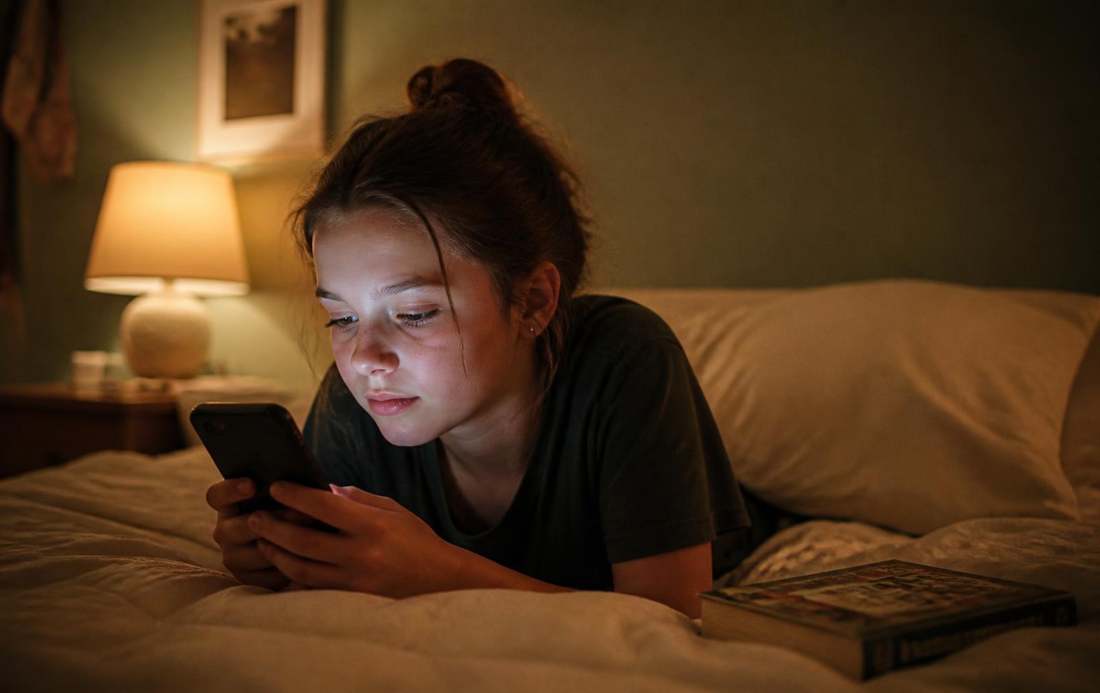 A young teenager lying on a bed at night absorbed in a phone, an unread book beside them