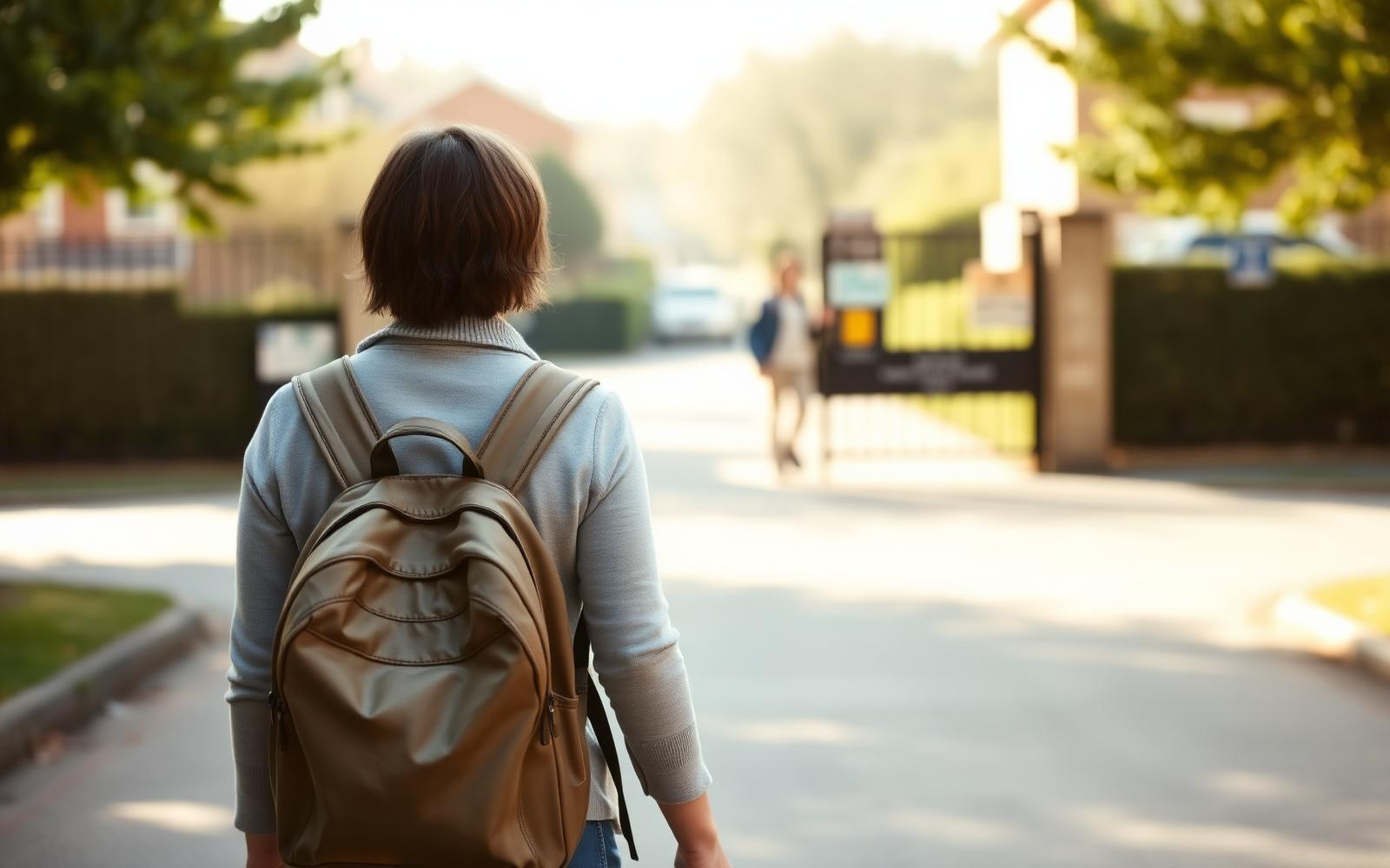 A parent walking beside a school-age child with a backpack towards a school gate in morning light