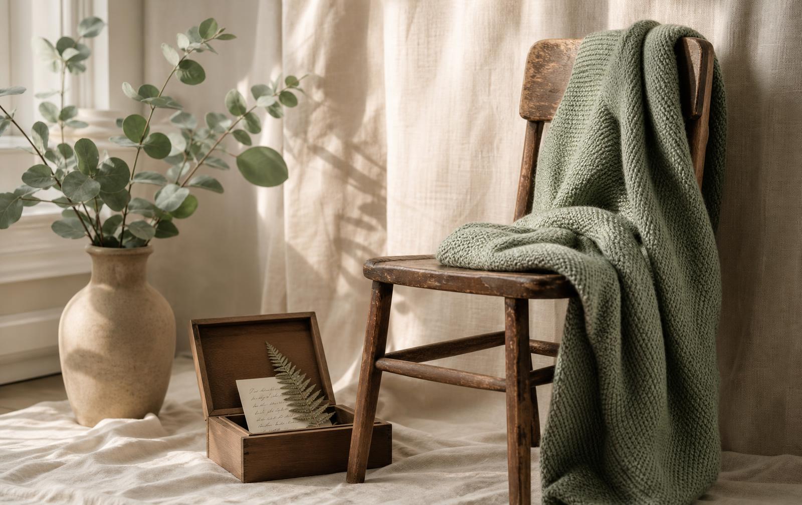 A small vintage wooden chair draped with a sage knit blanket, beside an open memory box with a pressed fern and a handwritten note, in soft morning light
