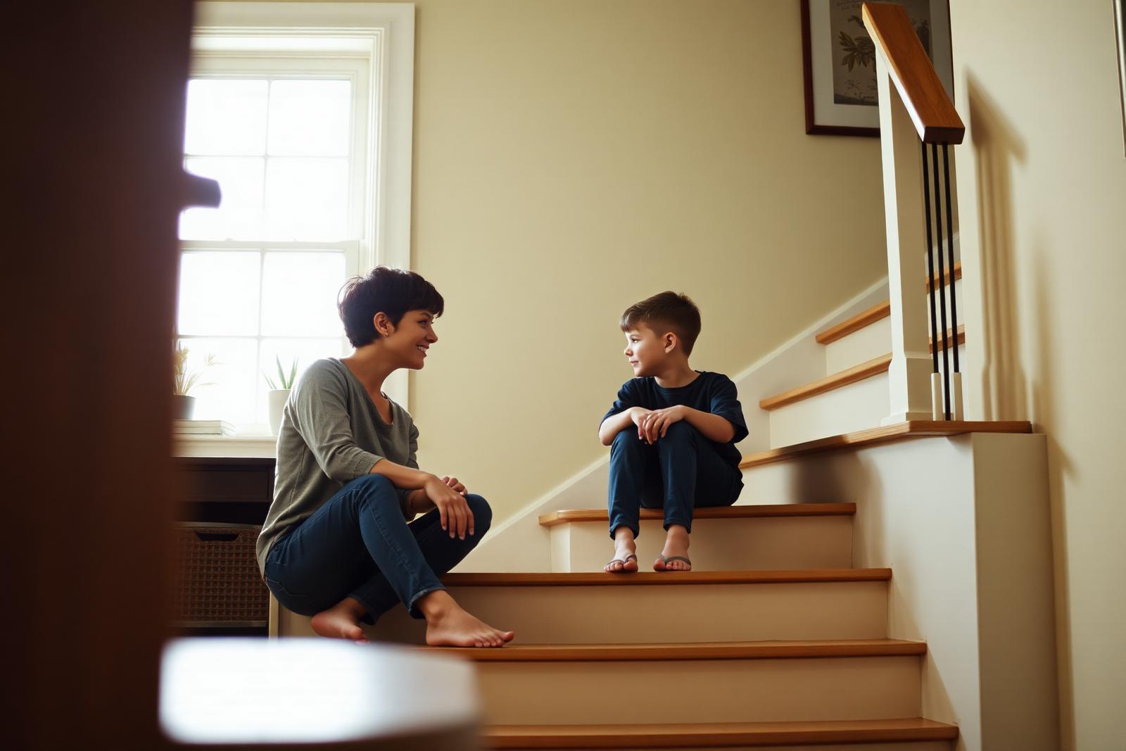 A parent sitting on the stairs talking calmly with their school-age son