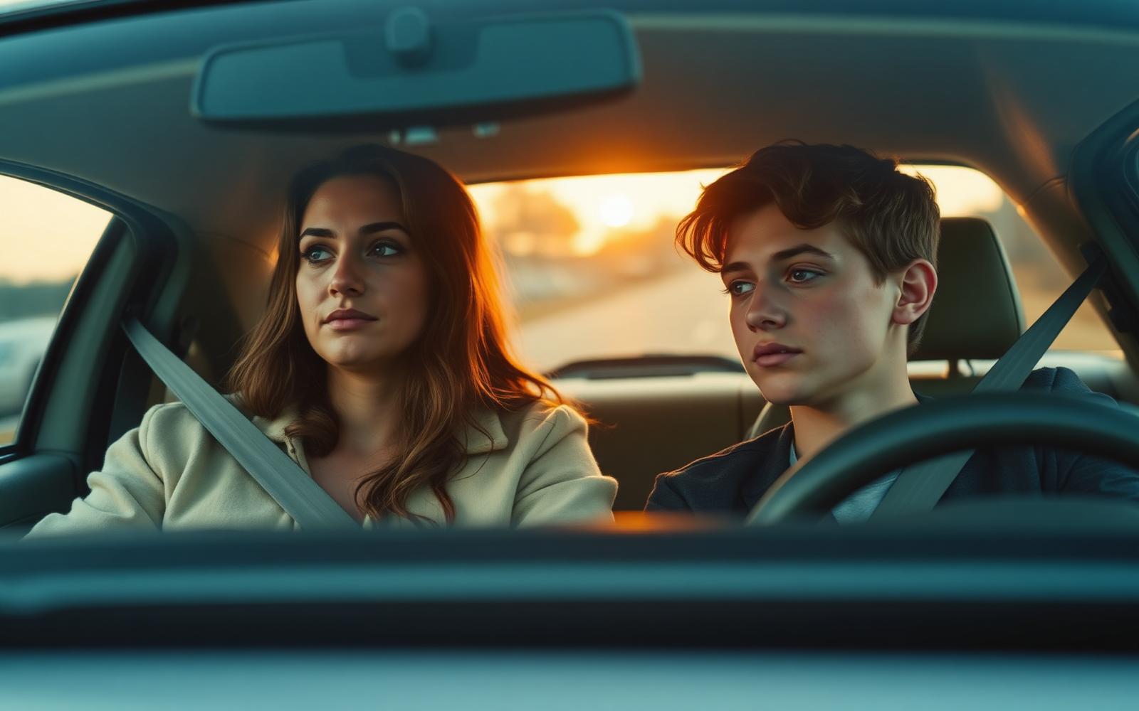 A parent and teenager sitting side by side in a car at dusk, both looking ahead
