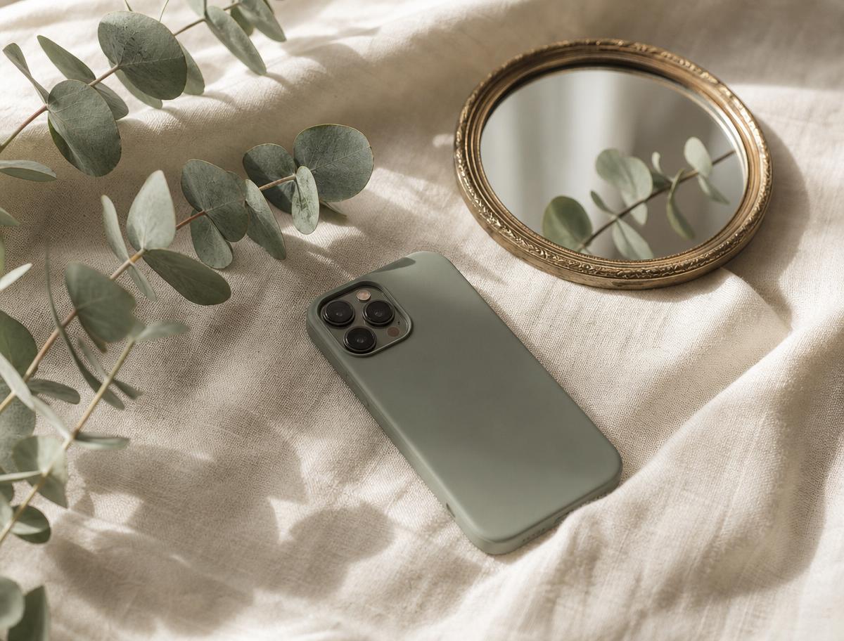 A sage-green smartphone, a small round antique mirror, and fresh eucalyptus stems on soft cream linen in morning light