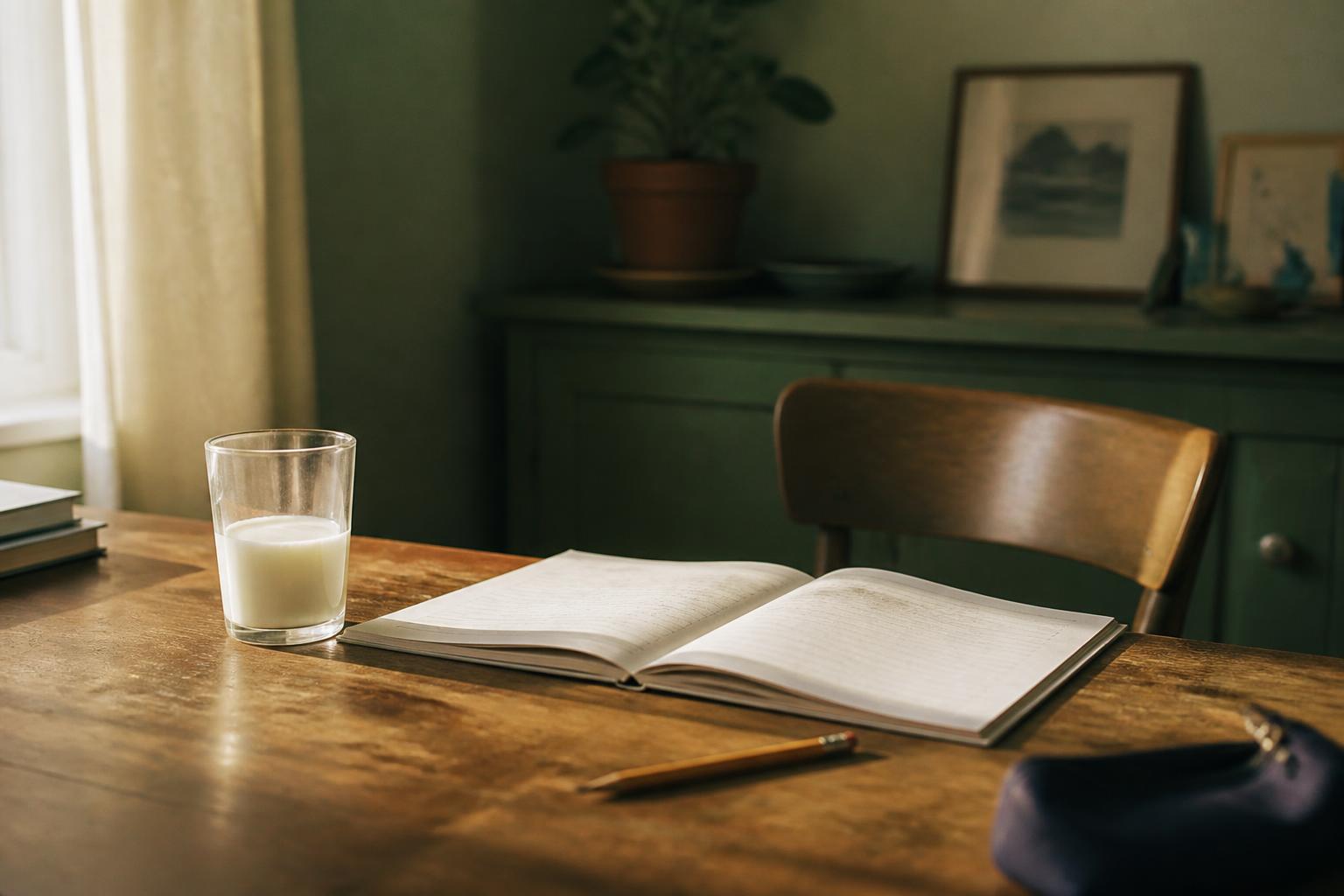 An unfinished worksheet, a pencil and a glass of water on a kitchen table