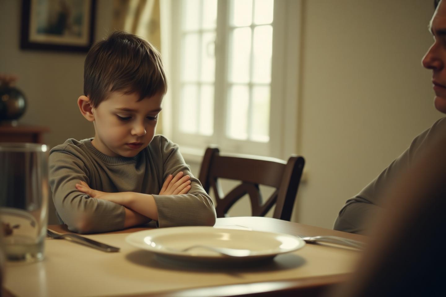 A pale ceramic plate with a few simple foods barely touched, a child's fork resting on a linen cloth