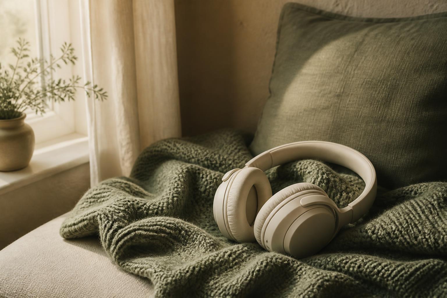 A pair of ear defenders resting on a cream knitted blanket by a window